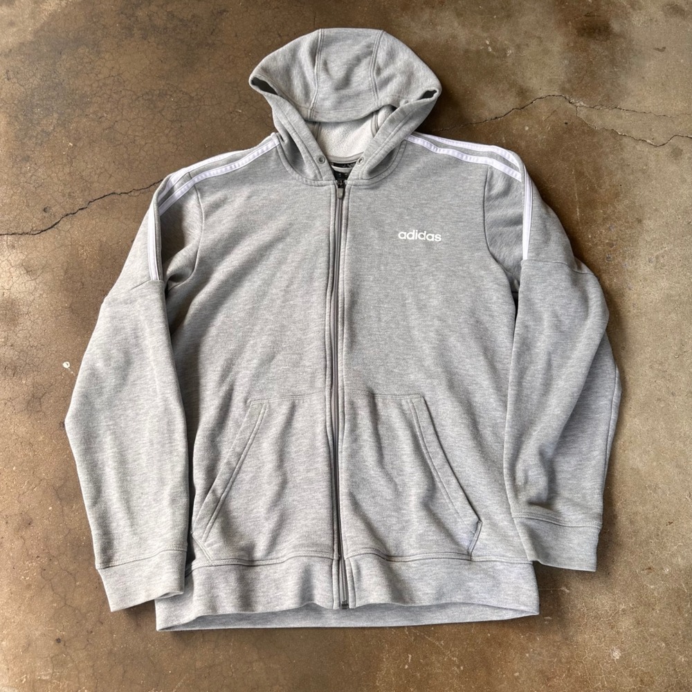 Adidas Full Zip Hoodie Mens Medium Gray Excellent 3-Stripe Athletic Sweatshirt